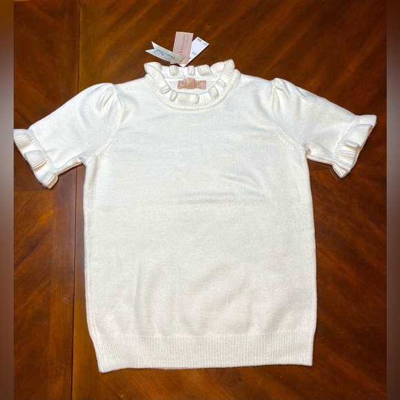 Philosophy Ivory White Pleated Short Sleeve Top Ruffle Knit Sweater - Picture 3 of 12